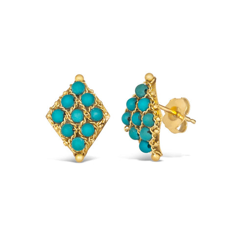 A pair of diamond-shaped turquoise stud earrings with a woven gold pattern, set against a white background.