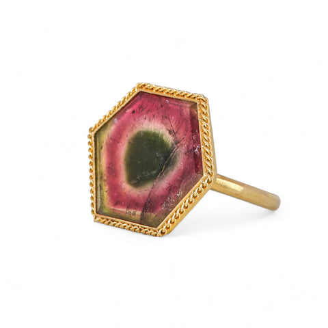 Watermelon tourmaline ring side view