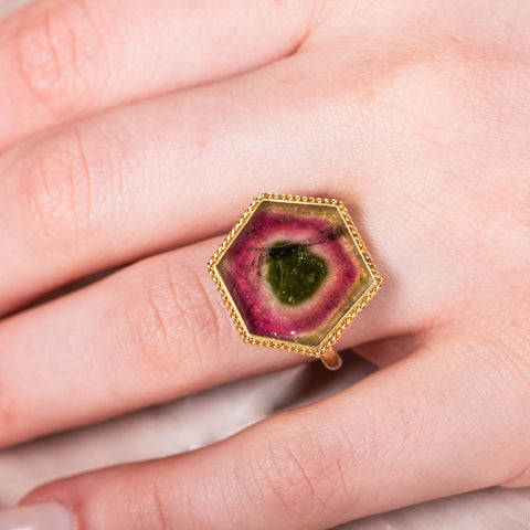 Watermelon tourmaline ring close up