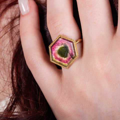 Watermelon tourmaline ring on model