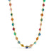 A multi-colored woven gemstone bead necklace features multiple gemstones including Aquamarine, Opal, apatite, Moonstone, Tanzanite, Carnelian, Tourmaline, Amazonite, Rhodochrosite, Chalcedony and Jade. The stones are set in a long 18k yellow gold chain.
