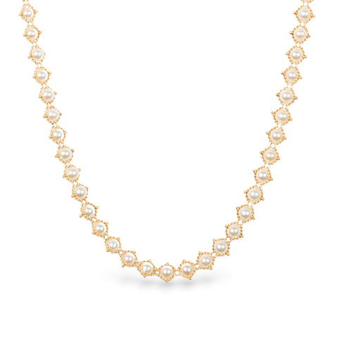 Close up of woven akoya pearl neclace