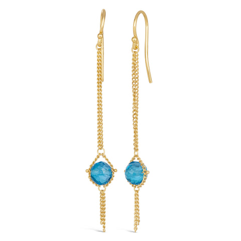 A pair of long 18k yellow gold earrings are crafted with a London blue topaz bead suspended between two chains. The earrings are fastened with French hook closures.