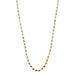 A long woven 18k yellow gold necklace features shades of mixed opals in burnt orange, teal, and periwinkle. The stone beads are woven delicately between two chains.