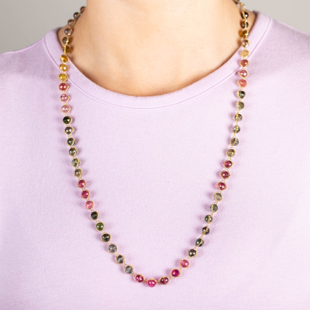 Beautiful Multi Colored Tourmaline and Strawberry Pink Quartz Rondelles Necklace / 31” hot long or 15 1/2” Doubled / Genuine Gemstone Jewelry