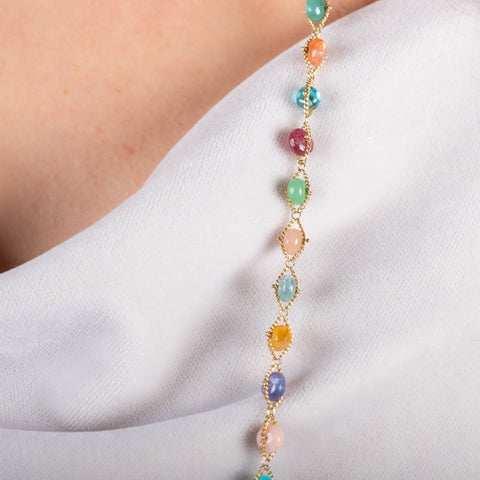 A close up of a multi-colored gemstone necklace set in 18k yellow gold. The stones include Aquamarine, Opal, apatite, Moonstone, Tanzanite, Carnelian, Tourmaline, Amazonite, Rhodochrosite, Chalcedony, and Jade.