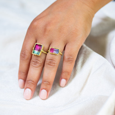 Rectangular watermelon tourmaline ring set in 18k yellow gold styled