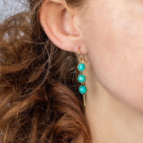 A model wears an amazonite trio earring suspended in 18k yellow gold chain.