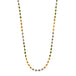 This long 18k yellow gold woven necklace features alternating gemstone beads in Green Tourmaline, Garnet, and Tanzanite.