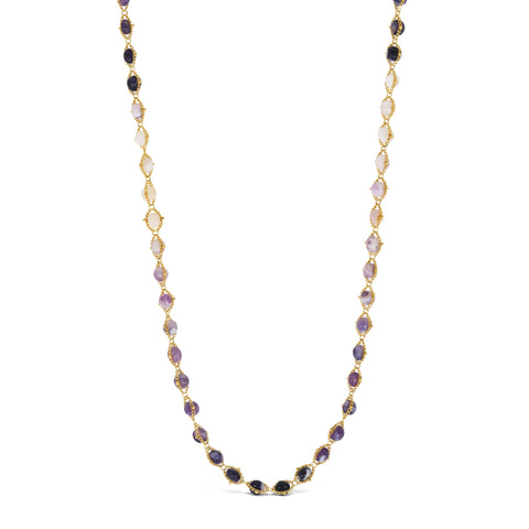 A woven 18k yellow gold necklace features ombre shaded faceted amethyst beads throughout