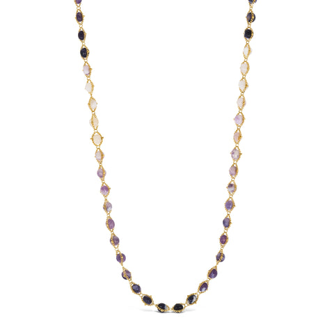 A woven 18k yellow gold necklace features ombre shaded faceted amethyst beads throughout 