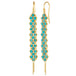 Long turquoise earrings in 18k yellow gold featuring a woven lattice pattern and two dangling chains at the bottom of the earring.