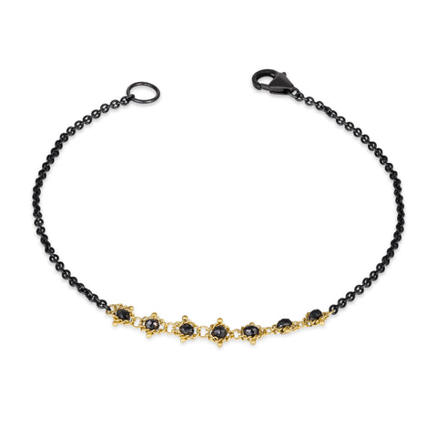 Black Diamond Row Bracelet in Oxidized Silver and 18k Gold