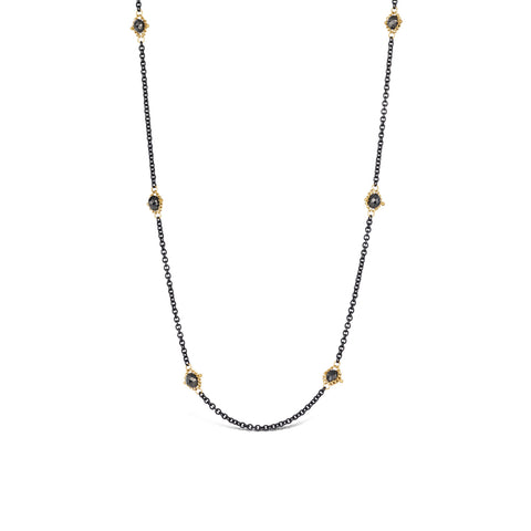 Black Diamond Textile Necklace in Oxidized Silver and 18k Gold
