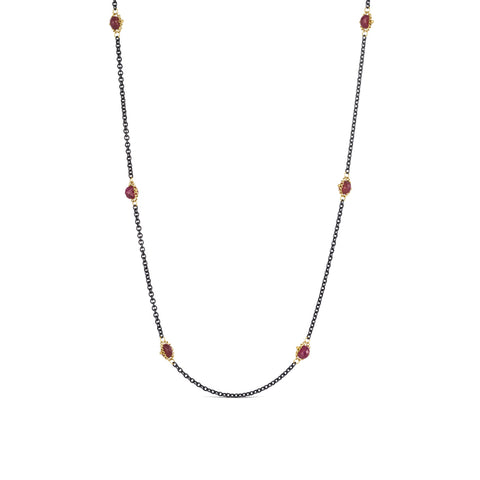 Ruby Textile Necklace in Oxidized Silver and 18k Gold