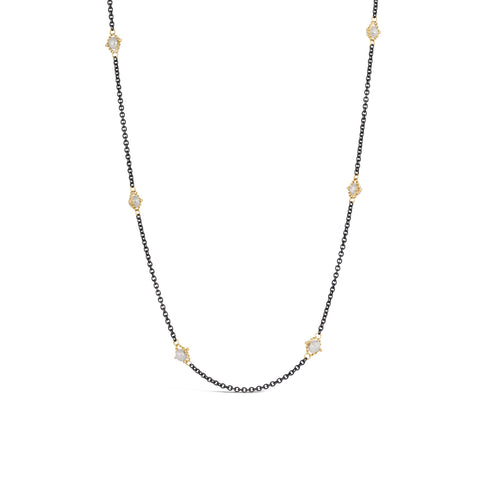 Silver Diamond Textile Necklace in Oxidized Silver and 18k Gold