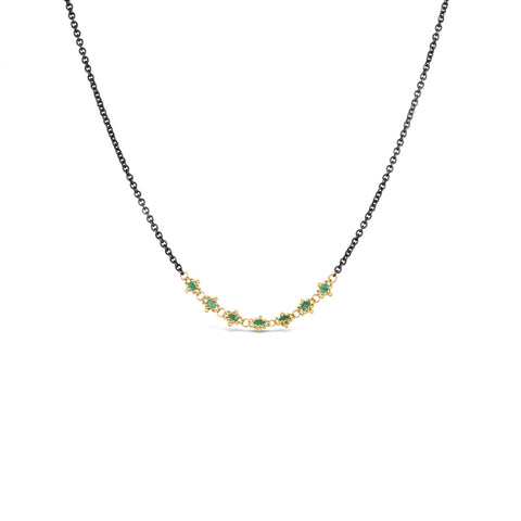 Emerald Textile Row Necklace in Oxidized Silver and 18k Gold