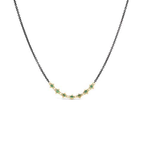 Emerald Textile Row Necklace in Oxidized Silver and 18k Gold