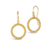 This pair of 18k yellow gold earrings features a small circle hoop crafted in chain to create a stardust-like effect. The circle hangs from a French hook closure.