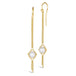A pair of long 18k yellow gold earrings are crafted with a white pearl suspended between two chains. The earrings are fastened with French hook closures.