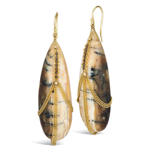 This pair of teardrop shaped brown and tan opal earrings are draped in 18k yellow gold chain and champagne diamonds. The stones hang on French hook closures