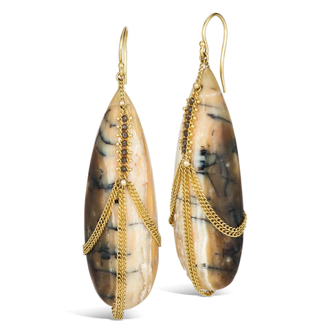 This pair of teardrop shaped brown and tan opal earrings are draped in 18k yellow gold chain and champagne diamonds. The stones hang on French hook closures