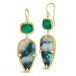 A pair of earrings features a rectangular emerald and teardrop shaped chrysoprase stone, each set in 18k yellow gold chain wrapped bezels. The stones hang from a French hook closure.