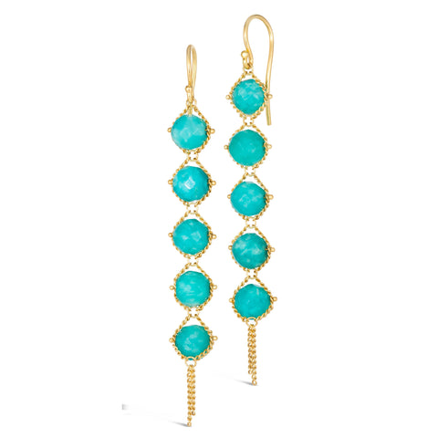 This pair of long Amazonite stone earrings are wrapped in 18k yellow gold chain that hangs from a French hook closure.