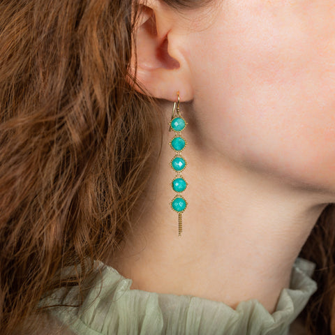 A model wears a long Amazonite stone earring wrapped in delicate gold chains that hangs from a French hook closure.