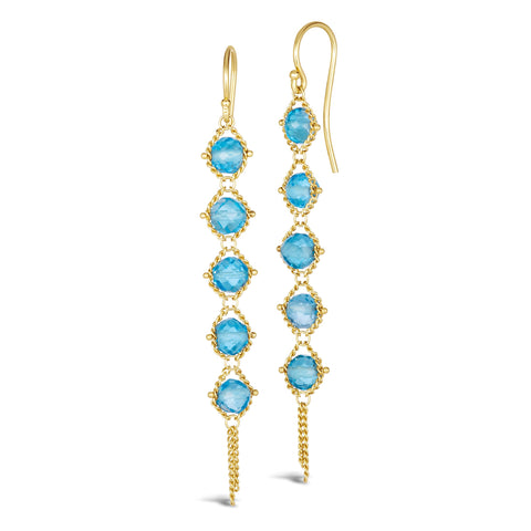 A pair of long 18k yellow gold earrings are crafted with five blue topaz beads suspended in delicate chain. The earrings are fastened with French hook closures.