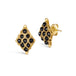 A pair of 18k yellow gold earrings is crafted with black diamonds woven into a diamond lattice pattern with delicate chain that is fastened with a post closure.