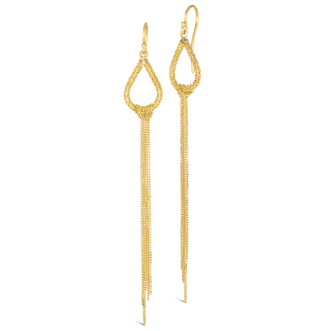 This pair of long 18k yellow gold earrings is crafted with a teardrop shaped hoop that has a stardust like effect. Several long chains dangle from the hoops. 