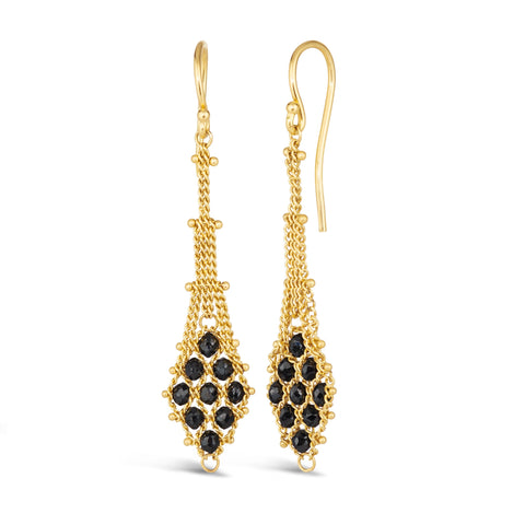 A pair of 18k yellow gold earrings is crafted with black diamonds woven into a diamond lattice pattern with delicate chain that is suspended from a french hook closure.