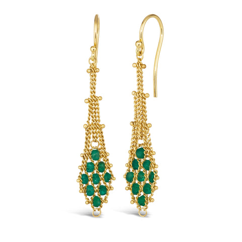 A pair of 18k yellow gold earrings is crafted with emerald beads woven into a diamond lattice pattern with delicate chain that is suspended from a french hook closure.