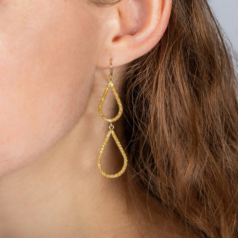 A model wears a long graduated teardrop earring crafted in 18k yellow gold.
