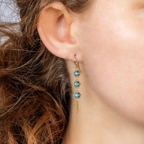 A model wears a london blue topaz trio earring suspended in 18k yellow gold chain.