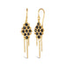 Small black diamonds are woven with 18k yellow gold chain in a diamond lattice pattern and have three dangling chains. The earrings are fastened with french hook closures.