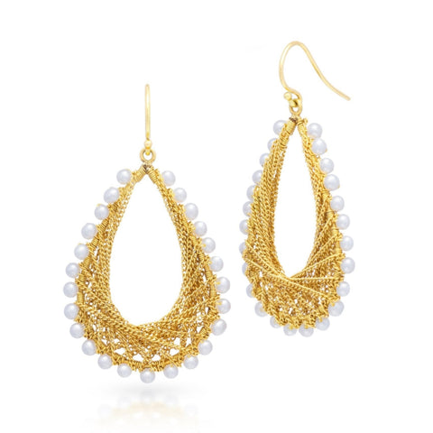 This pair of 18k yellow gold teardrop shaped earrings feature woven chains criss-crossing and small white pearls along the outside. The earrings are finished with French hook closures.