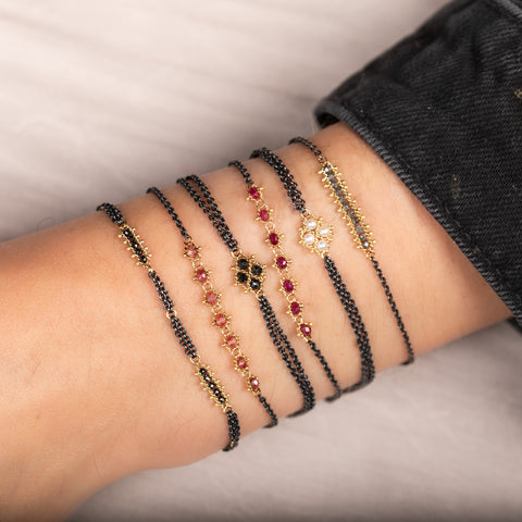 Black Diamond Station Bracelet in Oxidized Silver and 18k Gold
