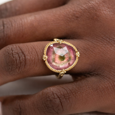 18k Gold Watermelon Tourmaline ring on model