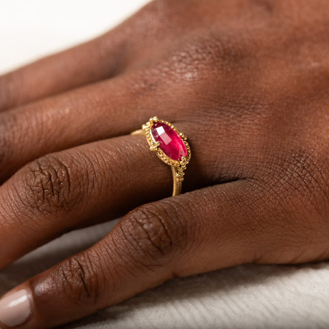 Pink tourmaline ring on model