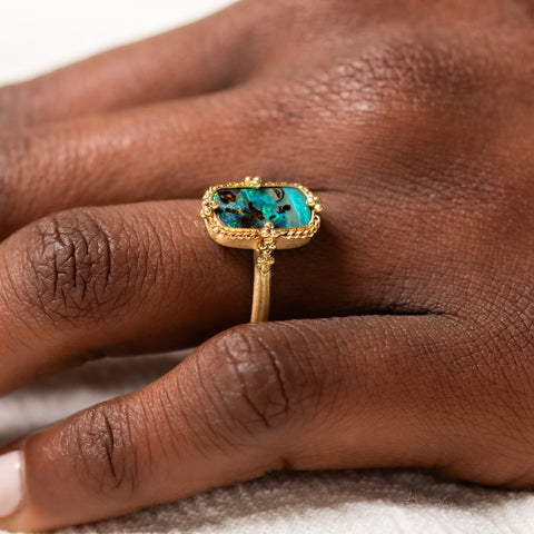 18k Gold Boulder Opal ring on model