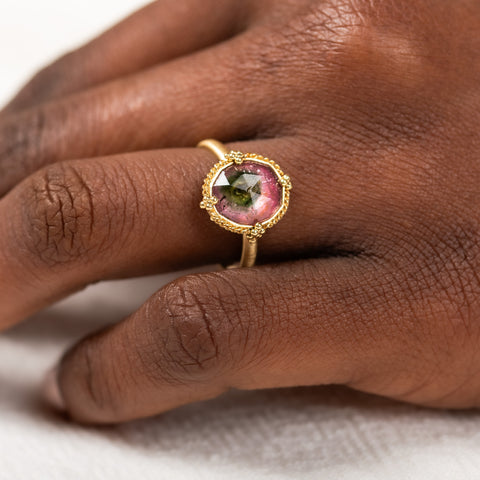 18k Gold Watermelon Tourmaline ring on model