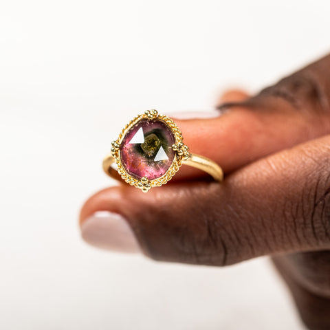 18k Gold Watermelon Tourmaline ring on model