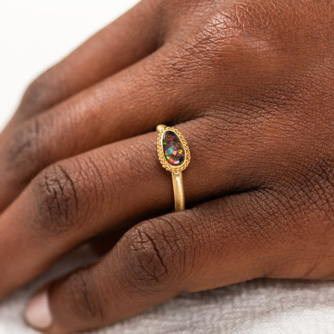 18k Gold Boulder Opal Ring on model