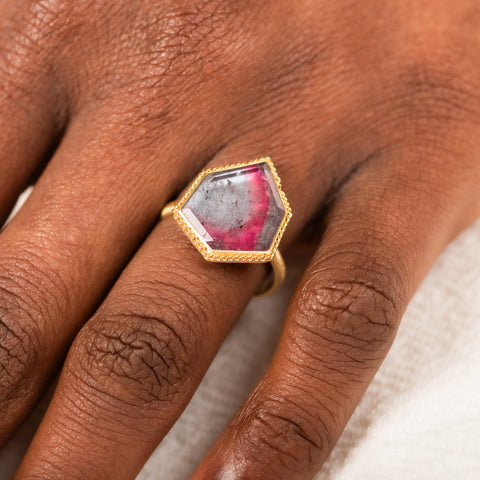 18k Gold Watermelon Tourmaline ring on model