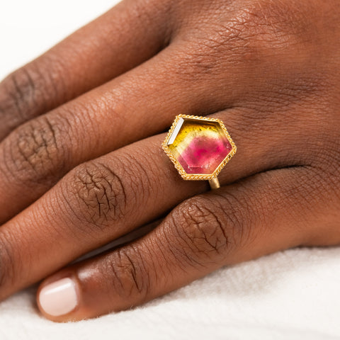 18k Gold Watermelon Tourmaline ring on model