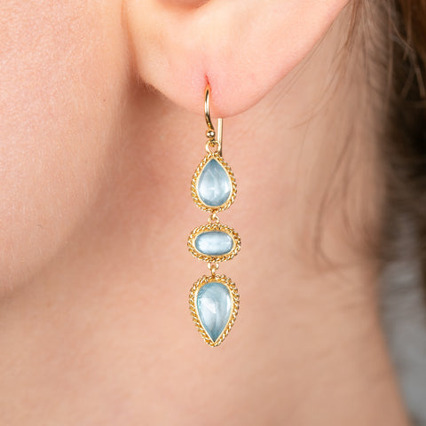 Gold earrings with blue aquamarine gemstones worn by a person