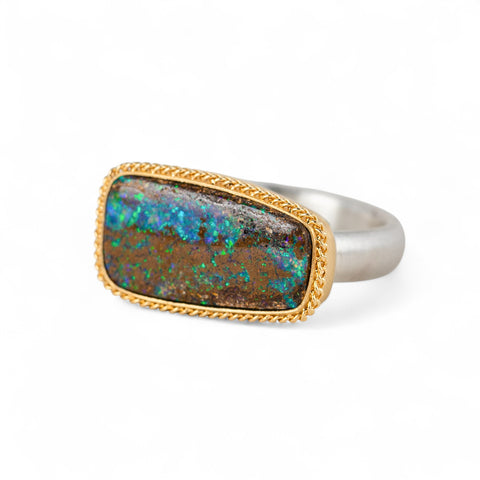 Opalized Wood Ring in Sterling Silver and 18k Gold