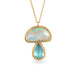 Gold necklace with an mushroom pendant featuring opal and aquamarine stones on a white background